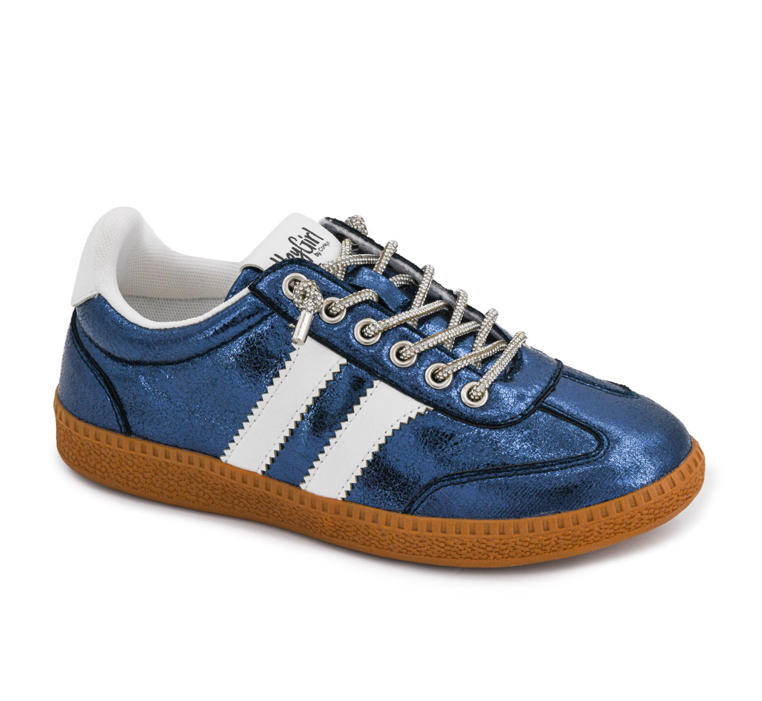 Corkys navy blue metallic crinkled sneaker with white stripes, silver laces, and caramel gum sole