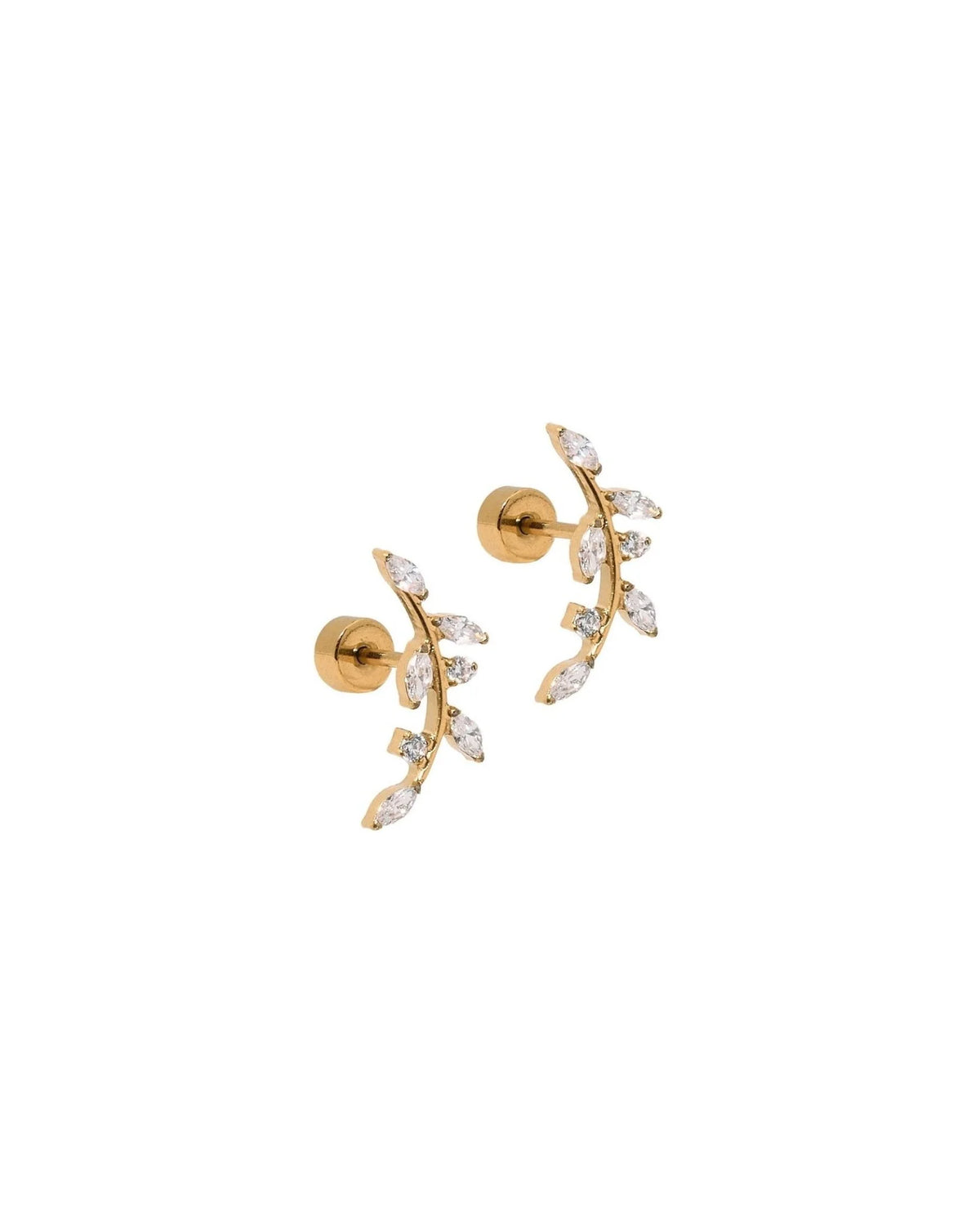 Gold Chloe climber stud earrings with clear stone leaf accents and screw backs