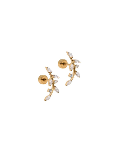 Gold Chloe climber stud earrings with clear stone leaf accents and screw backs