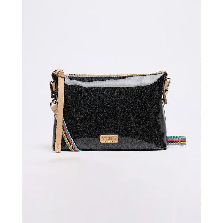Consuela Midtown Crossbody in Mariana: black glitter patent bag with nude trim and multicolor woven strap