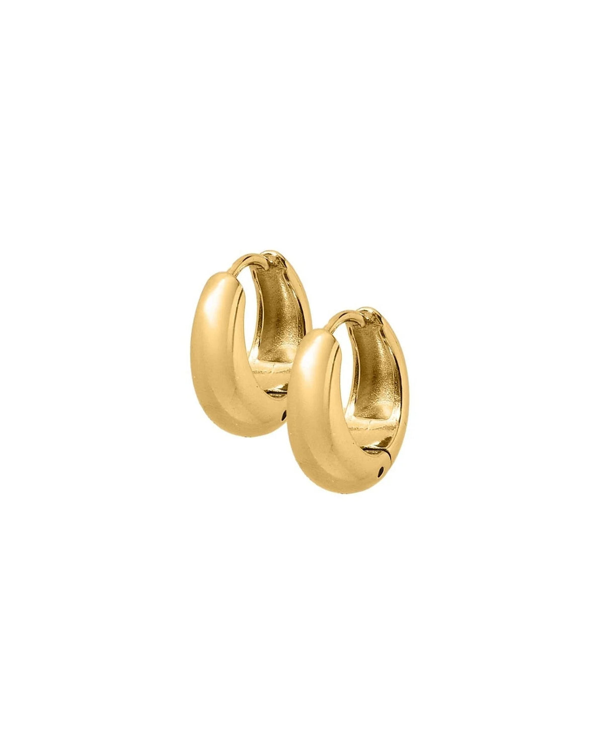Gold Sunday hoop huggie earrings, 12mm, with a rounded chunky shape