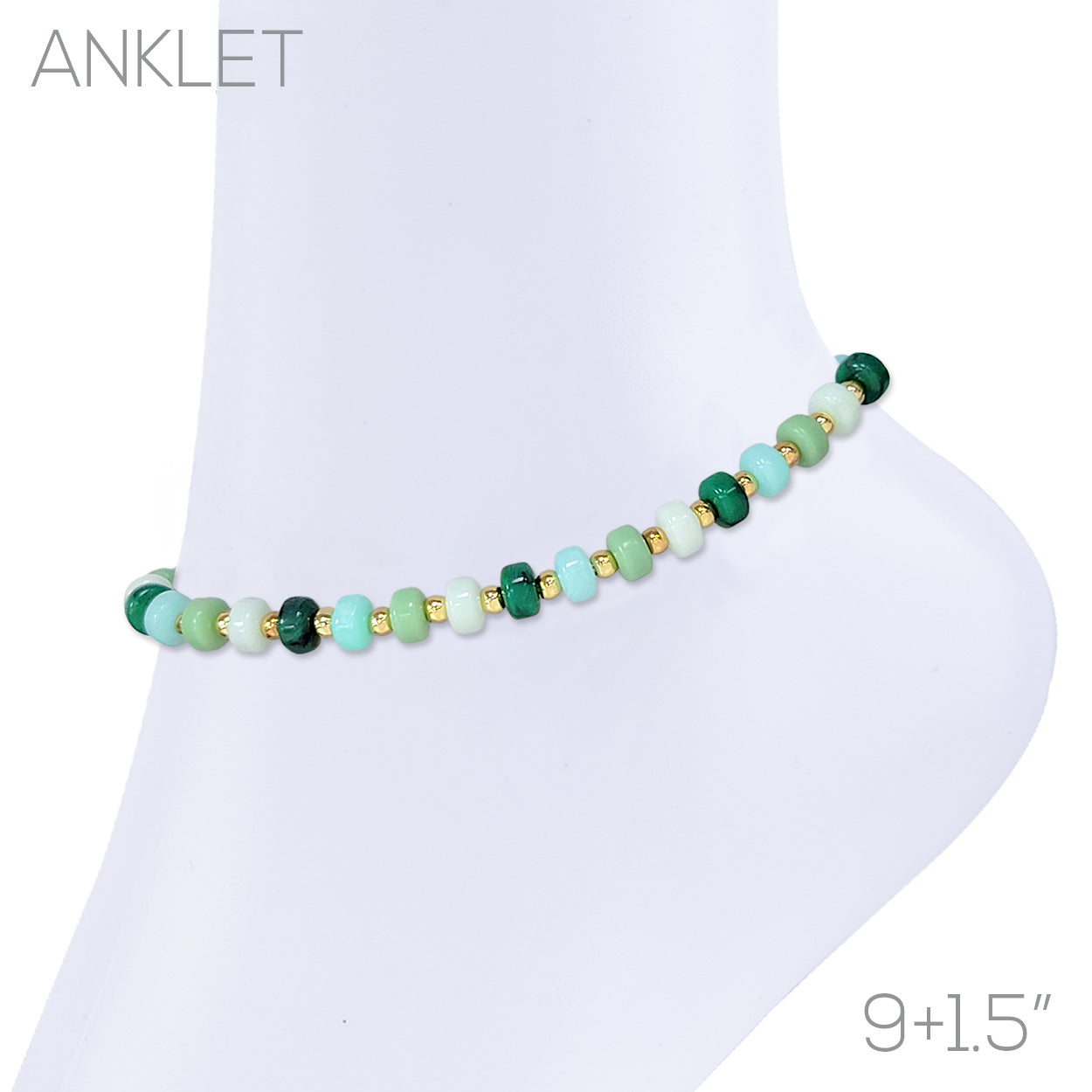 Beaded anklet with mint, aqua, emerald, and gold rondelle beads on white mannequin ankle, 9+1.5 inch length
