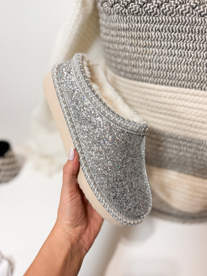 Very G silver glitter slip-on mule slipper with plush cream faux fur lining and cushioned sole