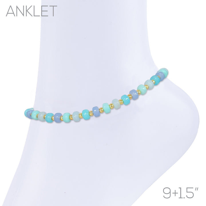 Beaded stretch anklet with aqua, mint, periwinkle rondelle beads and gold accent beads, 9+1.5 inch length.