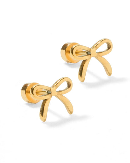 Gold Sadie bow stud earrings with a thin open bow shape