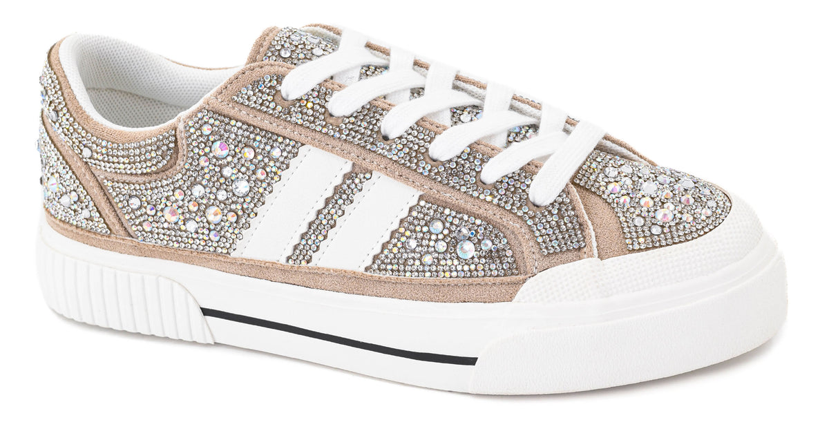 Corkys rhinestone-covered beige suede platform sneaker with white stripes, silver and iridescent crystals, white sole