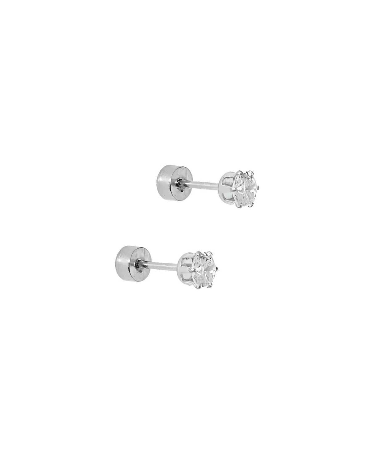 Silver Helen stud earrings with a petite clear stone and screw backs