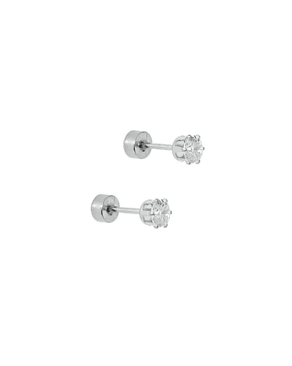 Silver Helen stud earrings with a petite clear stone and screw backs