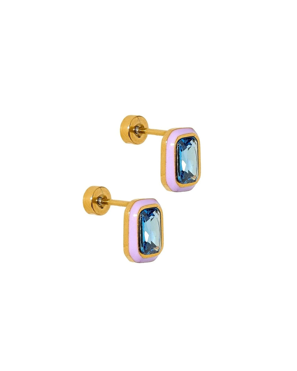 Gold Whitney stud earrings with a blue crystal in a violet enamel frame