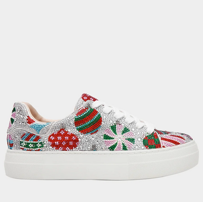 Betsey Johnson rhinestone platform sneakers with festive Christmas ornament crystal pattern in red, green, pink, and silver