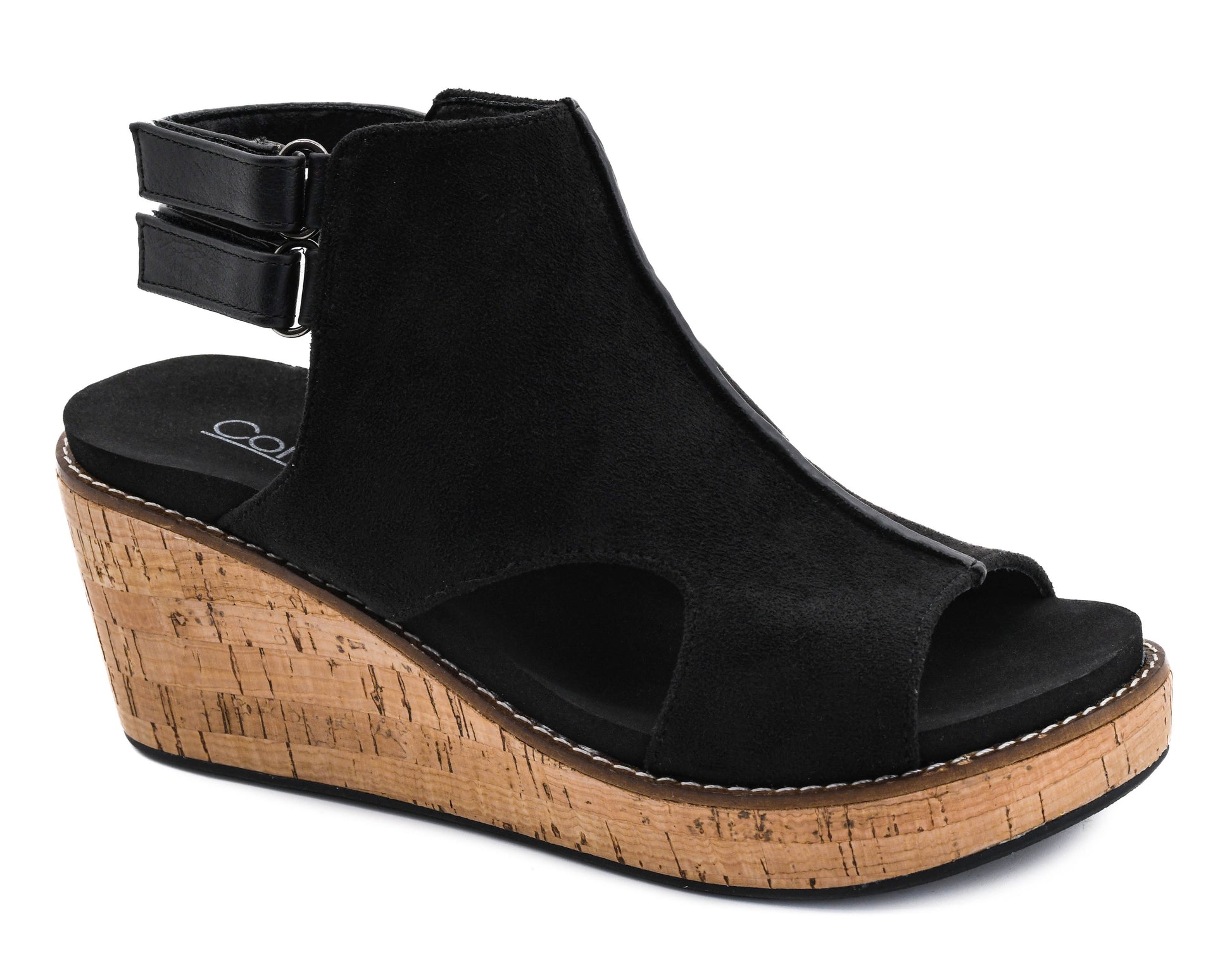 Corky's black faux suede open-toe wedge sandal with cork platform and dual ankle strap buckles