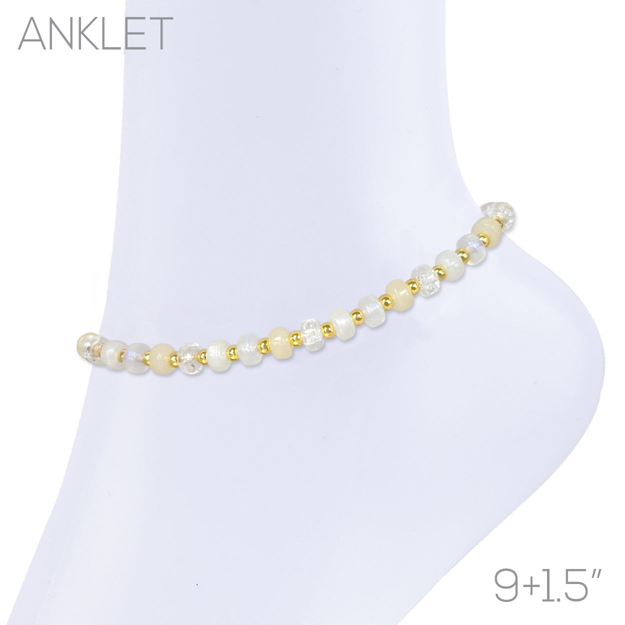 Beaded anklet with ivory, crystal, and gold spacer beads on mannequin ankle, 9+1.5 inch adjustable length