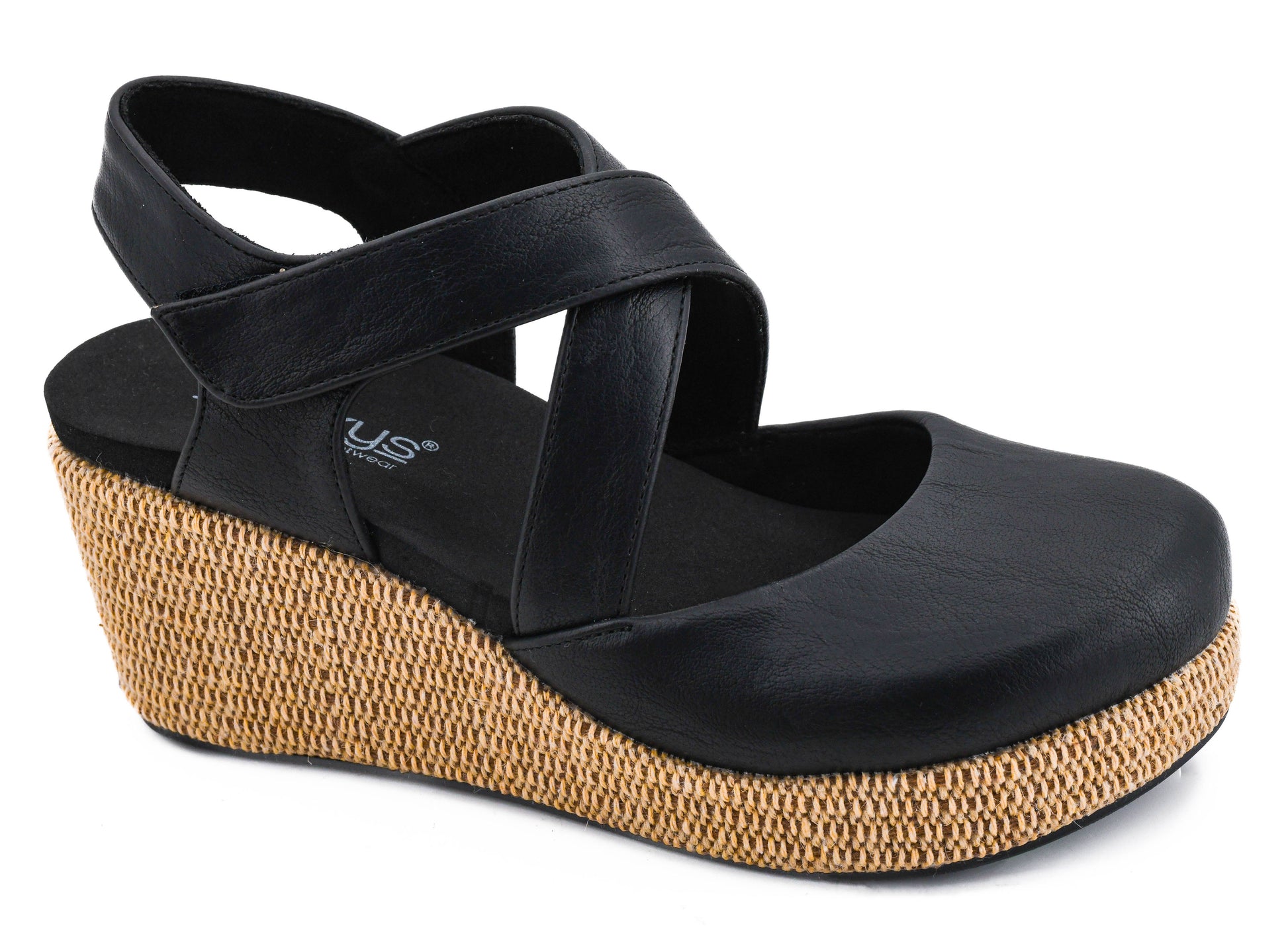 Corkys black leather platform wedge sandal with crisscross straps and woven rattan-wrapped wedge sole