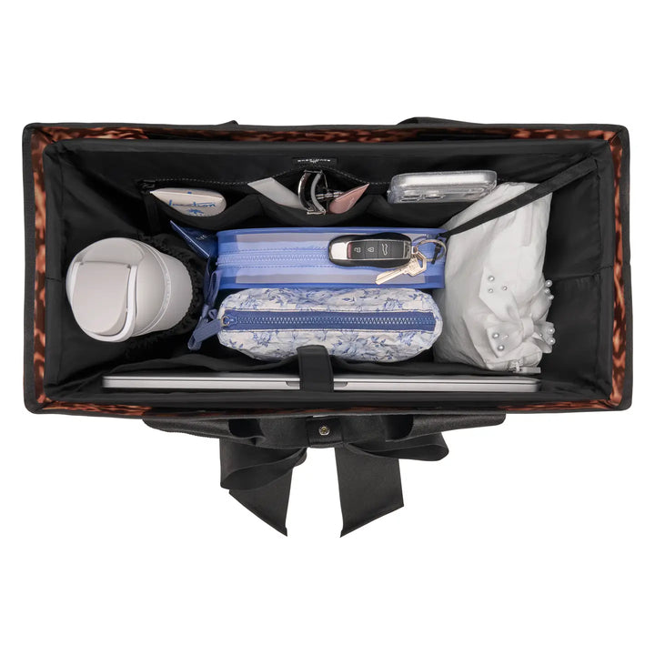 Case-Mate Midnight Black tote organizer open top view showing multiple compartments filled with everyday essentials