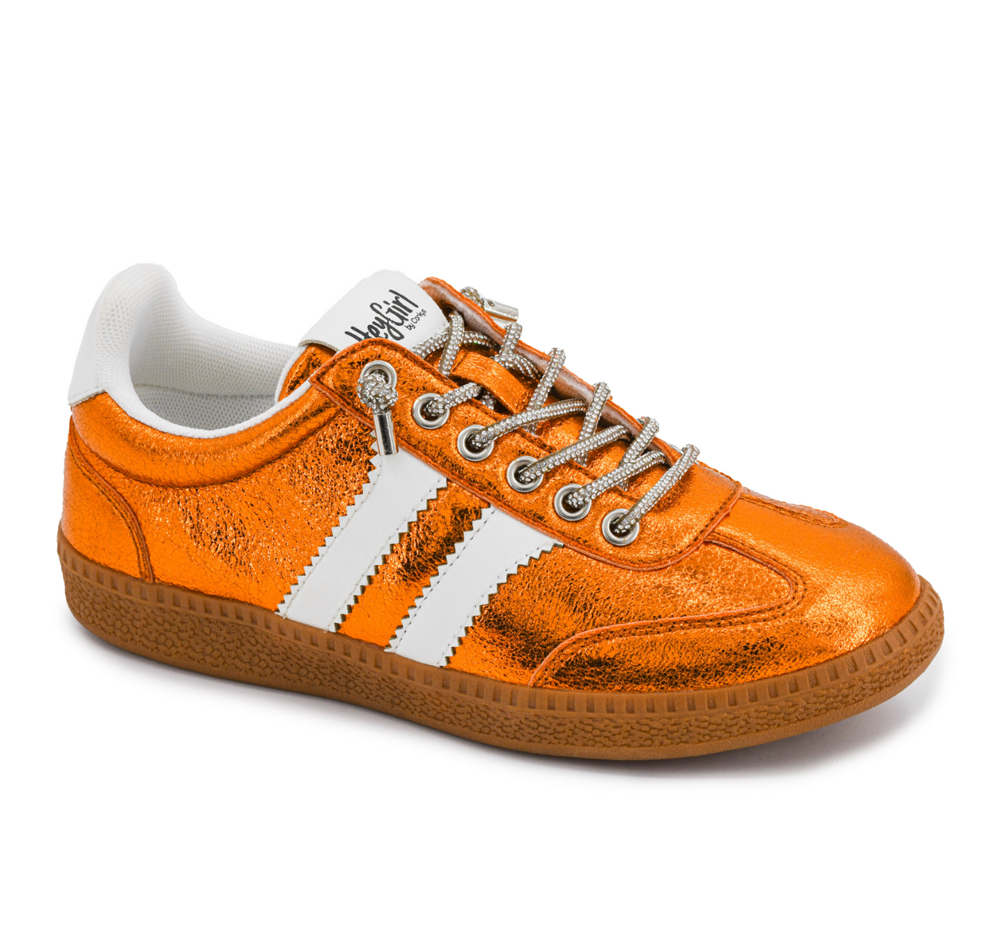 Corkys Hey Girl metallic orange low-top sneaker with white stripes, silver rope laces, and gum sole