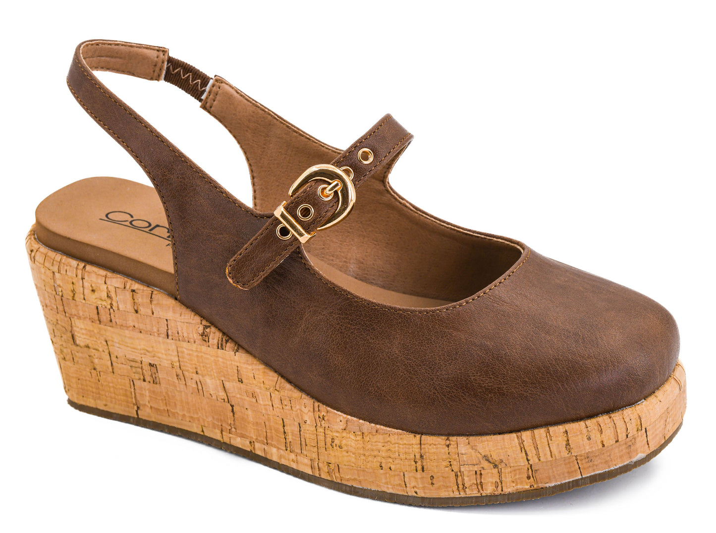 Corky's cognac brown Mary Jane slingback wedge sandal with cork platform sole and gold buckle detail