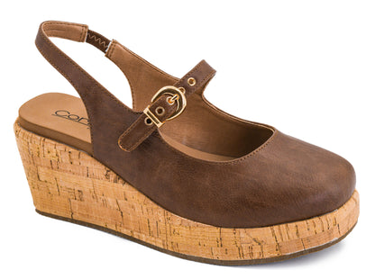 Corky's cognac brown Mary Jane slingback wedge sandal with cork platform sole and gold buckle detail