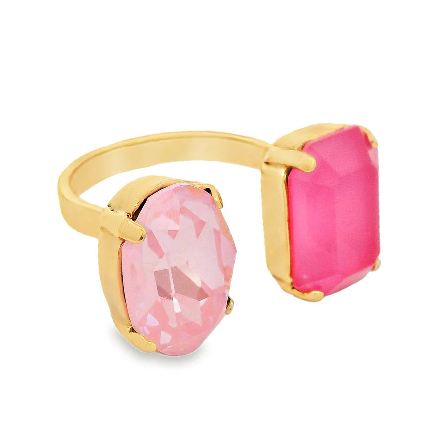 TOVA Janel gold ring with light pink oval stone and hot pink rectangular stone on open band