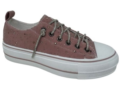 Very G blush pink suede platform sneakers with rhinestone embellishments, silver rope laces, and white chunky sole
