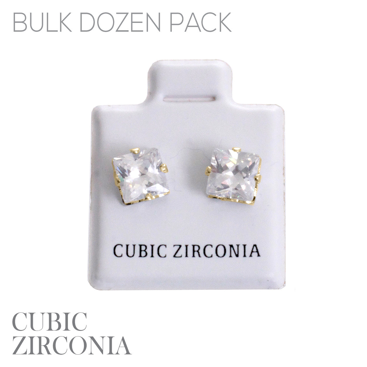 Gold-tone square princess-cut cubic zirconia stud earrings with four-prong setting, clear sparkling stones.