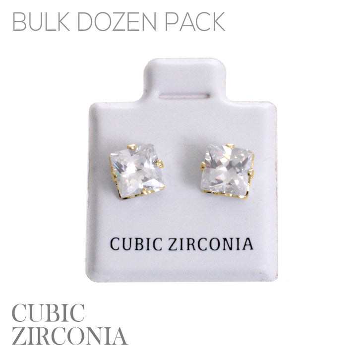 Gold-tone square princess-cut cubic zirconia stud earrings with four-prong setting, clear sparkling stones.