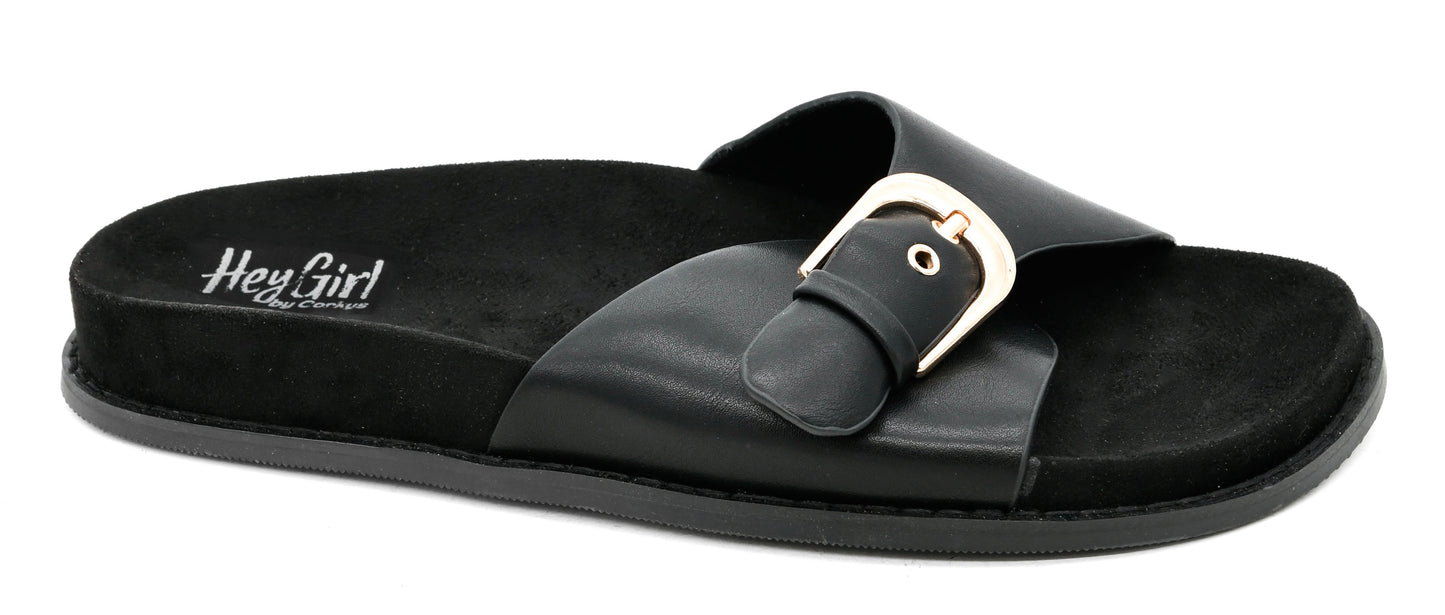 Black slip-on sandal with gold buckle detail and cushioned footbed by Corky's