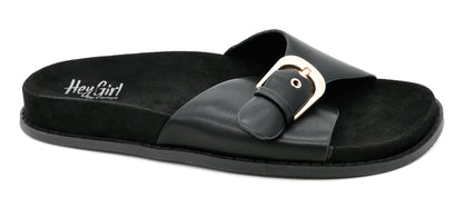 Black slip-on sandal with gold buckle detail and cushioned footbed by Corky's