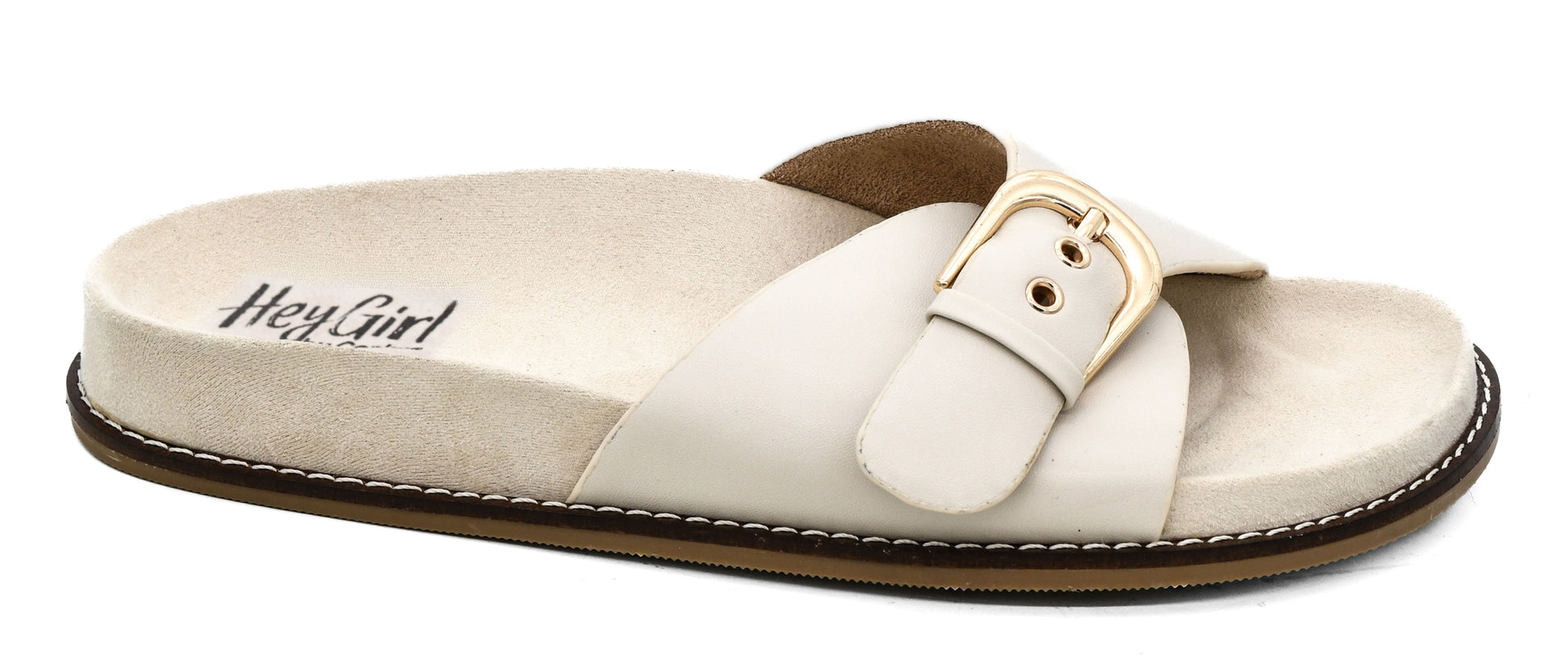 Corky's ivory leather sandal with gold buckle detail and cushioned footbed