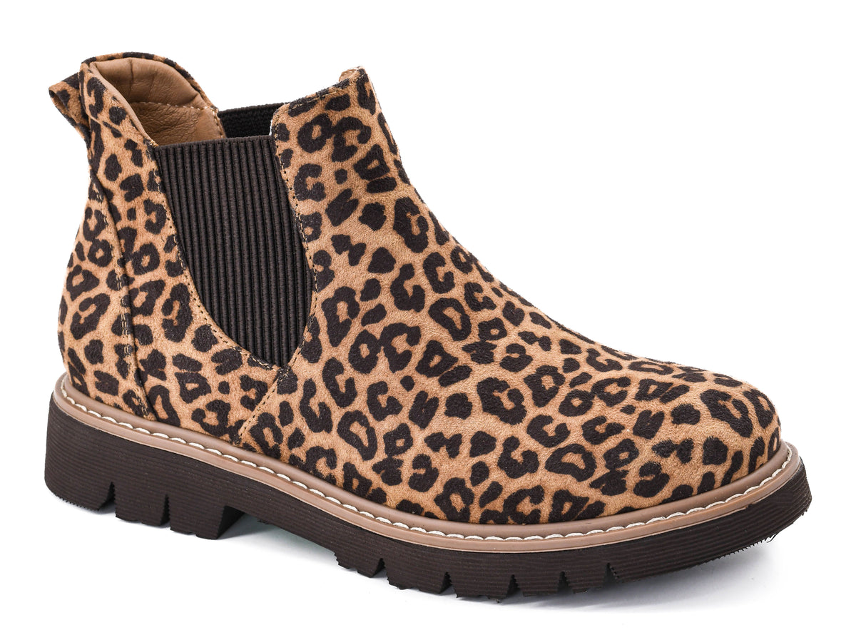 Side view of the leopard Corky's It's Chilly Chelsea boot with black stretch side panel, pull tab and dark brown lug sole