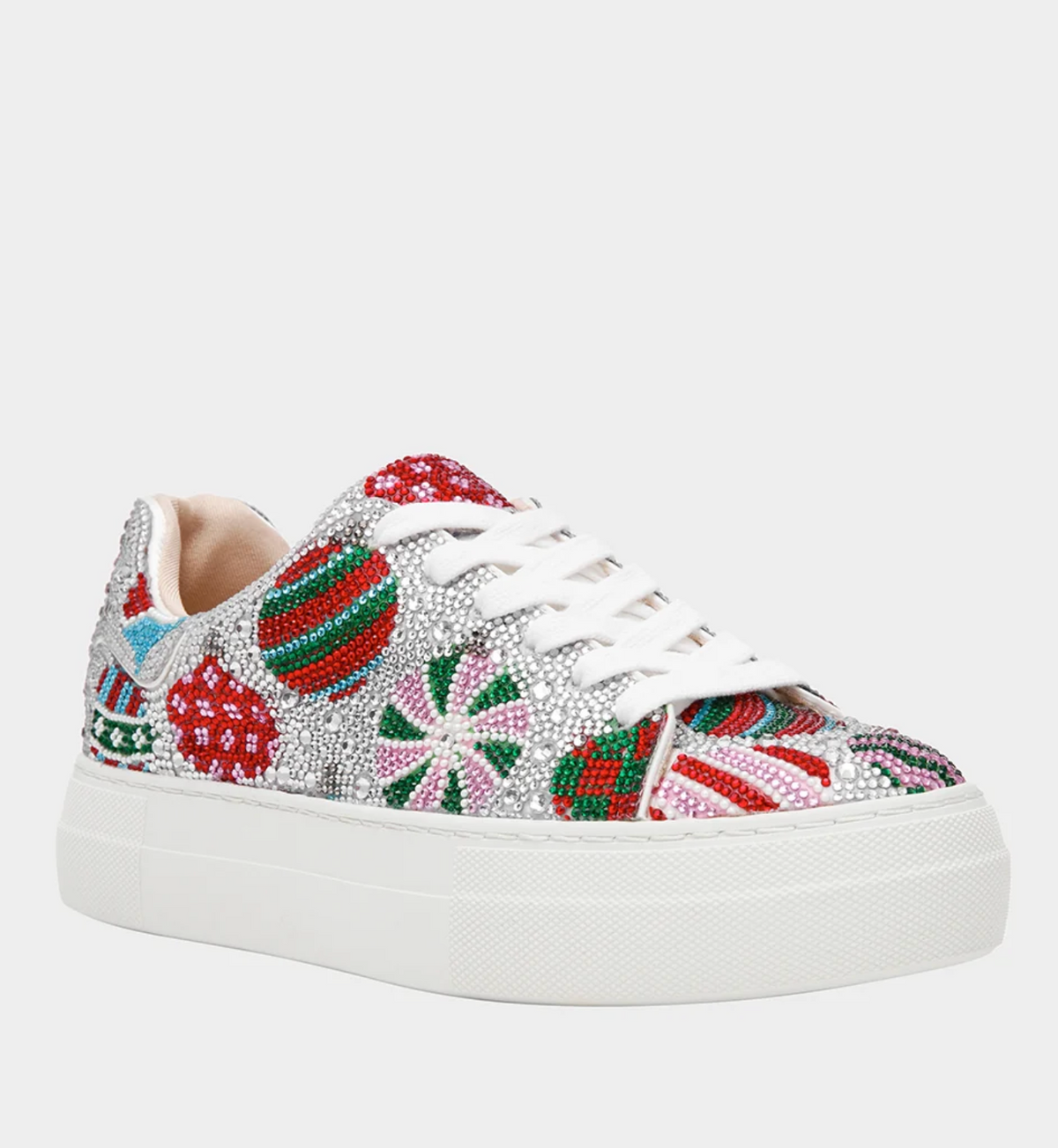 Betsey Johnson rhinestone platform sneaker with festive Christmas ornament, poinsettia, and candy cane crystal embellishments