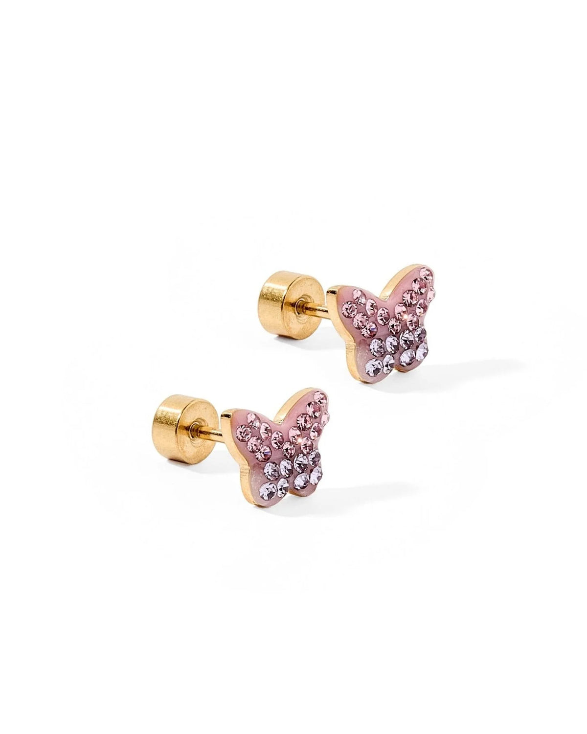 Bindi butterfly stud earrings with pink and purple CZ stones and gold screw backs