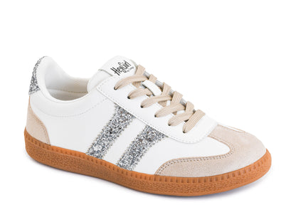 Corky's white retro sneaker with silver glitter stripes, beige suede accents, tan laces, and gum rubber sole