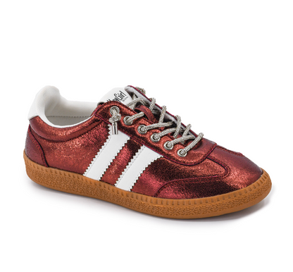 Corky's burgundy metallic sneaker with white stripes, rhinestone laces, silver charms, and caramel gum sole.