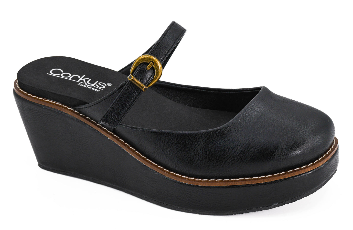 Corkys black leather platform wedge mule with gold buckle ankle strap and brown-trimmed stacked sole