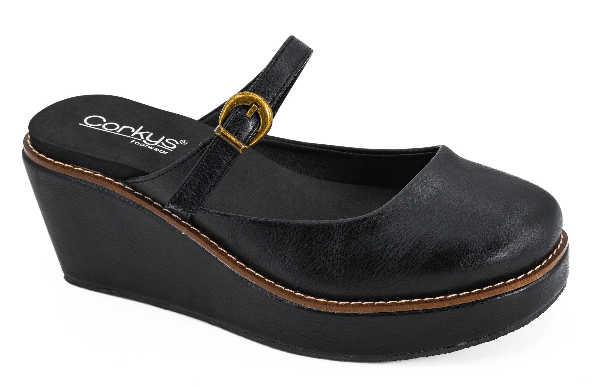 Corkys black leather platform wedge mule with gold buckle ankle strap and brown-trimmed stacked sole