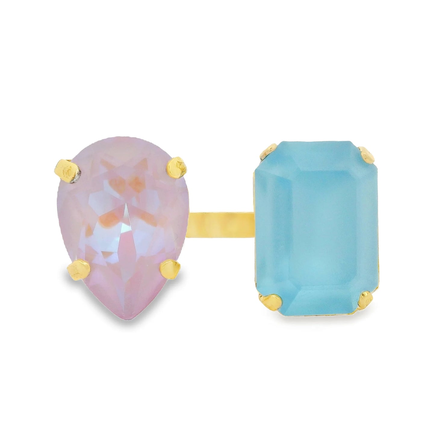 TOVA Janel statement ring with pink teardrop and blue emerald-cut stones in gold setting