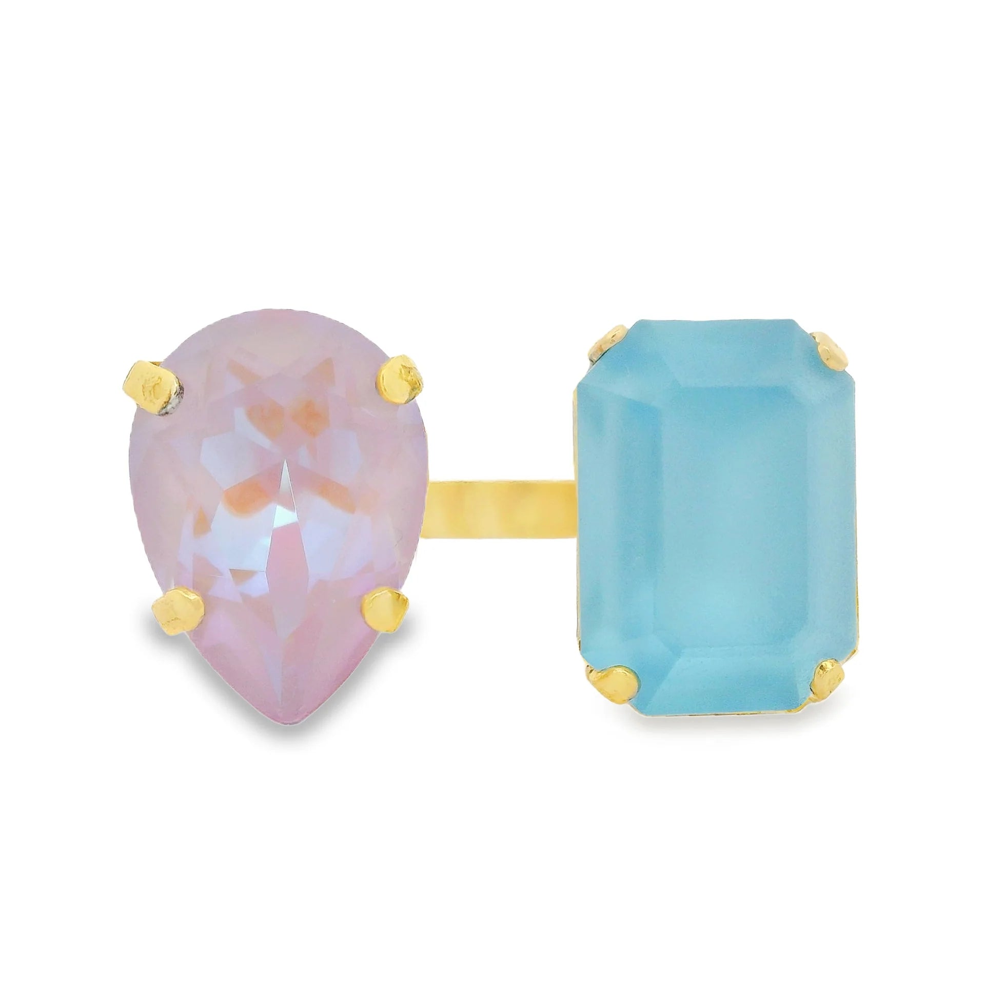 TOVA Janel statement ring with pink teardrop and blue emerald-cut stones in gold setting