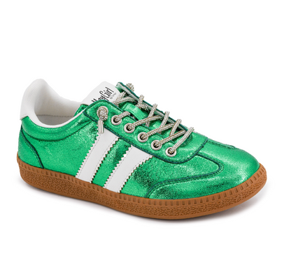 Corkys metallic green crinkled sneaker with white stripes, rhinestone laces, jeweled aglets, and tan gum sole