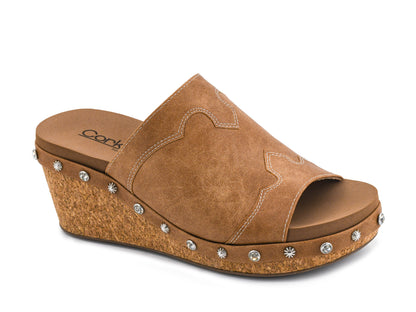 Corky's cognac suede slide wedge sandal with Western star-heart stitching, cork platform, and rhinestone stud trim