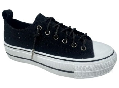 Very G black suede bling platform sneaker with rhinestone embellishments, white chunky sole, and silver eyelets