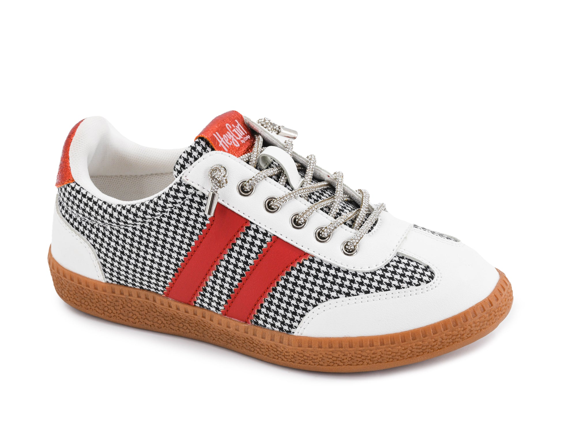 Corkys black white houndstooth low-top sneaker with red stripes, rhinestone laces, and gum rubber sole