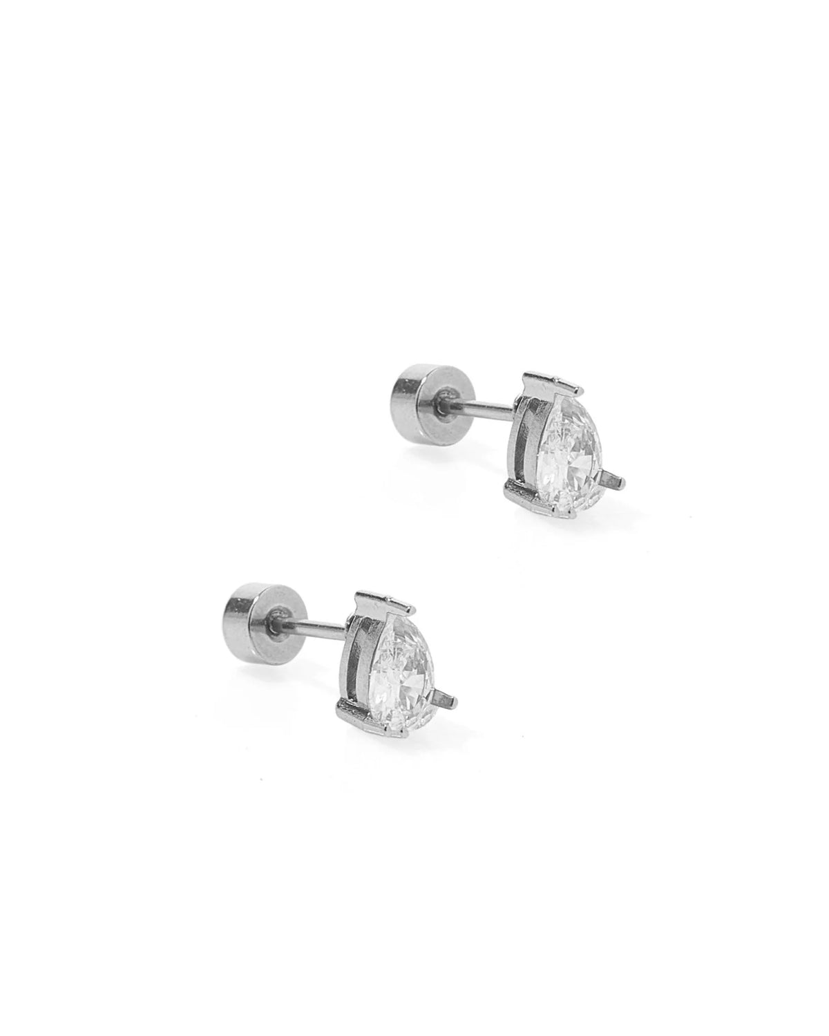Silver Paige stud earrings with a pear-shaped CZ stone in a three-prong setting