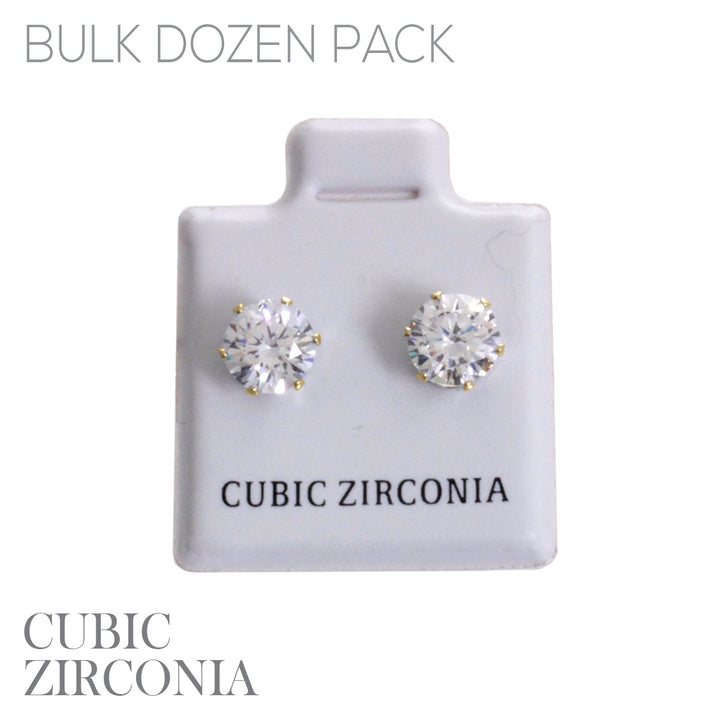 Round cubic zirconia stud earrings in gold-tone six-prong settings, clear sparkling stones on white display card.
