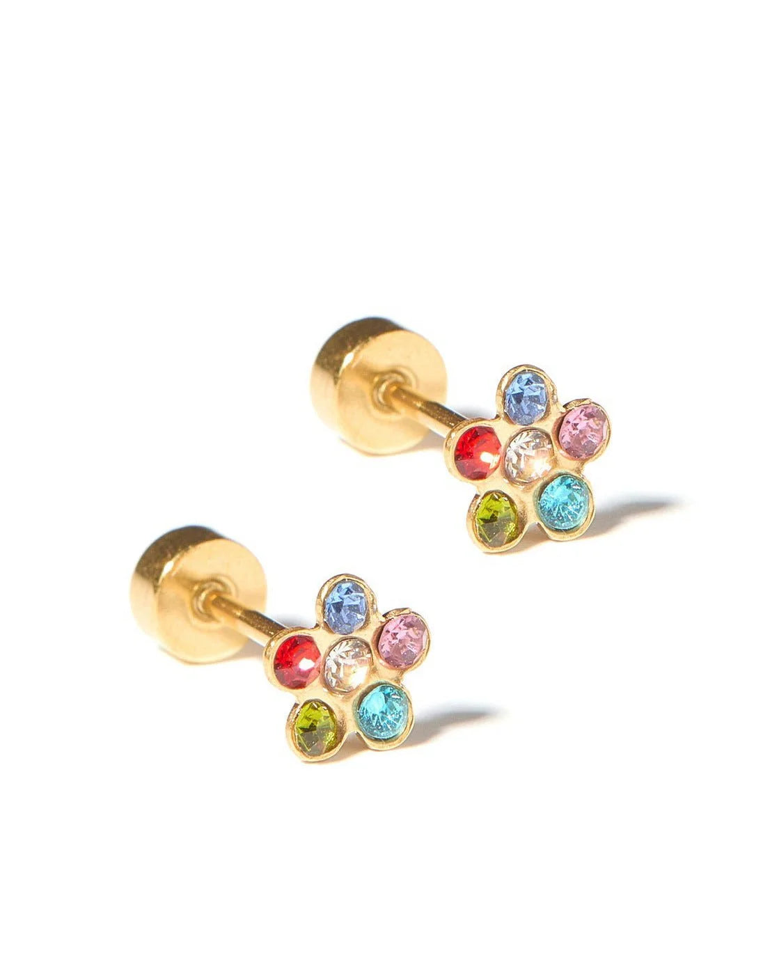 Gold Lyla flower stud earrings with five multi-colored CZ stones
