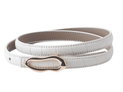 Skinny Croco-Embossed Belt With Thin Asymmetrical Buckle In Ivory