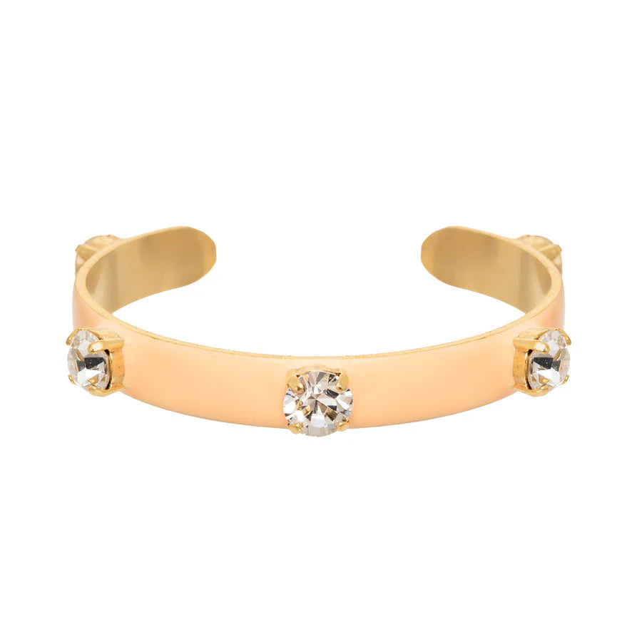 TOVA Kennedy cuff bracelet in peach gold with three clear crystal rhinestones on white background
