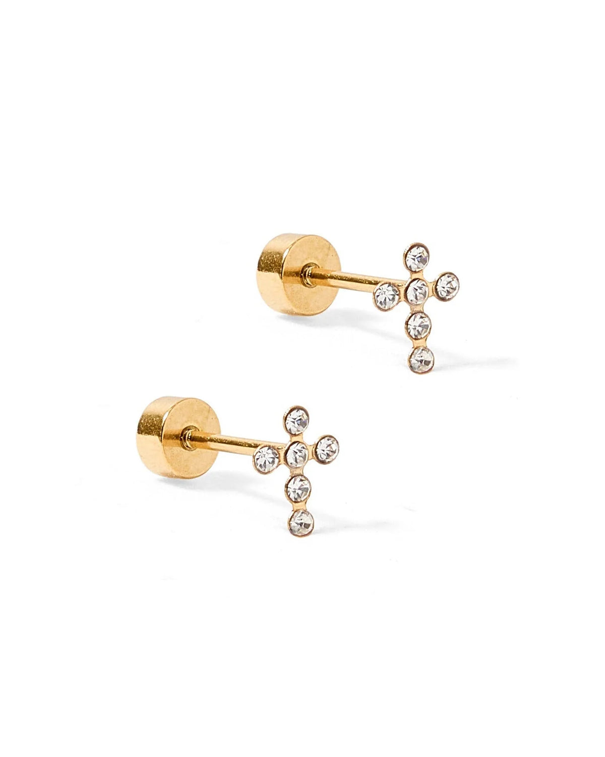 Gold Clara cross stud earrings set with clear CZ stones and screw backs