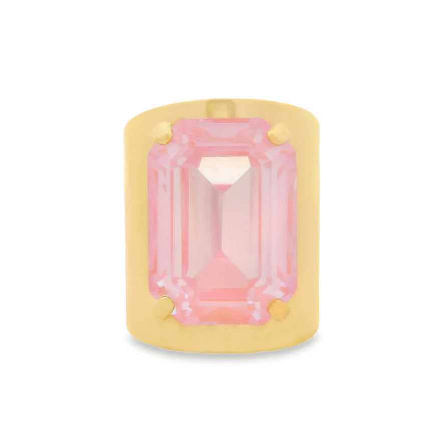 TOVA Roddy gold cocktail ring with large emerald-cut pink gemstone in thick polished gold band