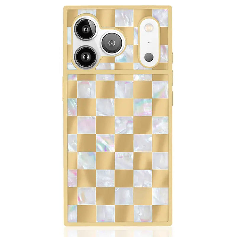 Gold Checkered Mother Of Pearl Magsafe iPhone Case | iPhone 17 Pro