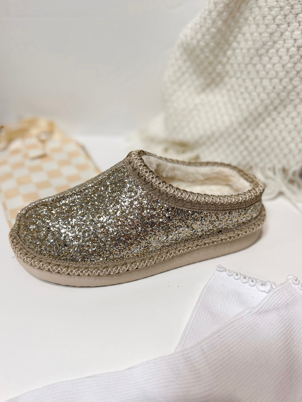 Very G Georgina champagne glitter slip-on mule slipper with sherpa lining and braided trim detail